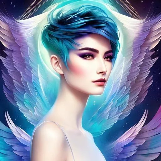 Prompt: masterpiece, illustration, best quality), 1 singular Beautiful androgynous, with wings, pixie style haircut, modern fashion, a field of stars on a foreign planet 