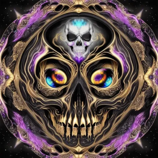 Prompt: long shot, dark, Epic, Beautiful, Plasma {Liquid}Skull gold silver black, big dreamy eyes, beautiful intricately-colored, symmetrical, Beautiful and Gorgeous, hyper realistic, expansive psychedelic background, hyper realistic, 64K --s99500