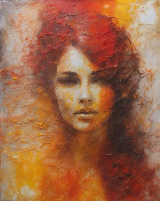 Prompt: An abstract Encaustic wax painting of a beautiful woman using only red, yellow and orange colors, heavy wax, 