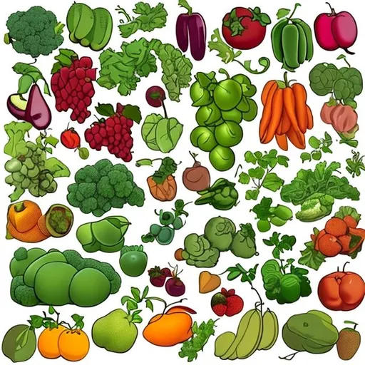 Prompt: Picture of fruits and vegtables on winding vine cartoonish quality
Vines throughout picture 

