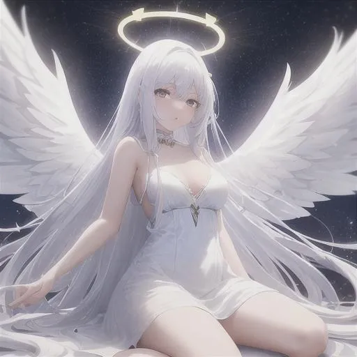 Prompt: Angel, decending, spread wings, long white hair, straight hair, pretty female, beautiful, white dress, flowy dress, best quality, high quality, 8k, high res, focus, full-body, low angle, halo, front angle