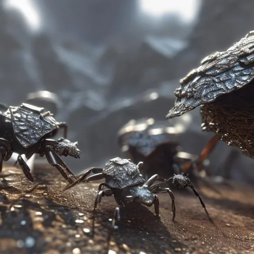 Prompt: some armoured ants with cristalized metalic armor near a cristal nest or terrain montain, realistc 4k