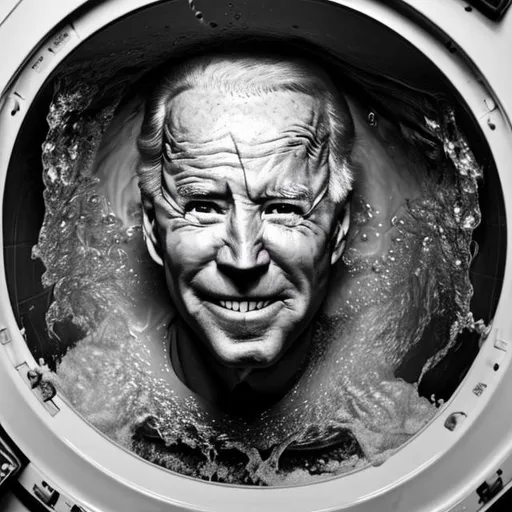 Prompt: Joe Biden in a washing machine. full colour with dramatic lighting