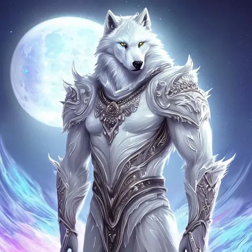 Prompt: Anthropomorphic furry male character
White wolf: Majestic, elegant, regal
Holographic left arm: Mesmerizing colors, technology, futuristic
Red eyes: Intense, determined
Strong physique: Agile, graceful, powerful
Enigmatic presence: Mysterious, alluring
Moonlit forest: Ethereal, magical, serene
Pristine fur: Pure, immaculate, radiant
Serene demeanor: Calm, composed, confident
Moon's light: Illuminating, enchanting