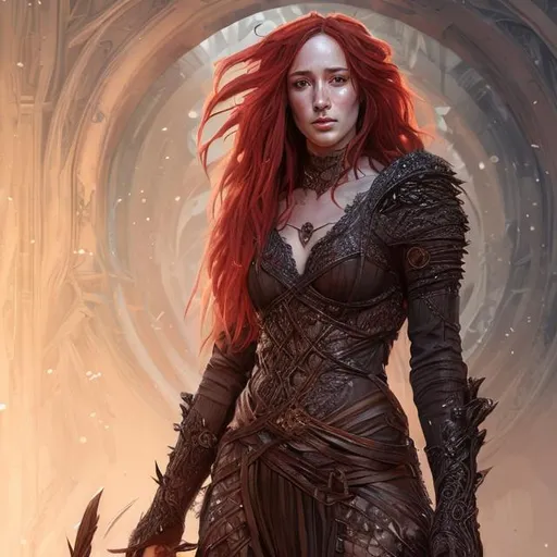 Prompt: portrait of ashley johnson as a sorceress, full length body, red hair, long hair, , wearing soft leather boots, D&D, mix tight bodice and flowing dress, fantasy, intricate, elegant, highly detailed, digital painting, artstation, concept art, matte, sharp focus, illustration, art by Kerem Beyit