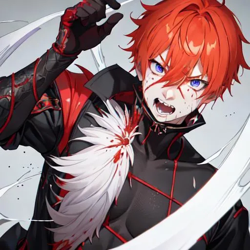 Prompt: Erikku male adult (short ginger hair, freckles, right eye blue left eye purple) UHD, 8K, Highly detailed, insane detail, best quality, high quality, covered in blood, covering his face with his hand, wide eyes, insane, fear, threatening, laughing, angry, fighting, psychopathic, anime style,
