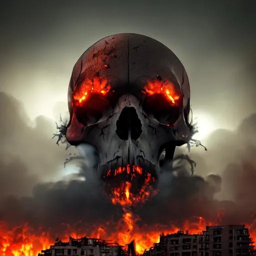 Prompt: Modern City in war-torn destruction and overgrowth dramatic lighting cinematic shots of skulls in smoke and fire in the streets. illusions of the demon's faces in the smoke and fire. the large red moon shows through pale clouds
 



