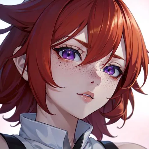 Prompt: Erikku male adult (short ginger hair, freckles, right eye blue left eye purple) UHD, 8K, Highly detailed, insane detail, best quality, high quality, anime style