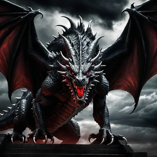 Prompt: Monstrous dragon, dark fantasy, horror, evil, sinister, detailed scales, menacing gaze, piercing red eyes, eerie atmosphere, high quality, dark and ominous, horror style, sinister shadows, intense lighting, gothic, ominous clouds, intimidating presence, otherworldly, best quality, ultra-detailed, dark fantasy, horror, menacing, atmospheric lighting, seen from below, full body view