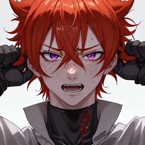 Prompt: Erikku male adult (short ginger hair, freckles, right eye blue left eye purple) UHD, 8K, Highly detailed, insane detail, best quality, high quality, covered in blood, covering his face with his hand, wide eyes, insane, fear, threatening, laughing, angry, fighting, psychopathic, anime style,