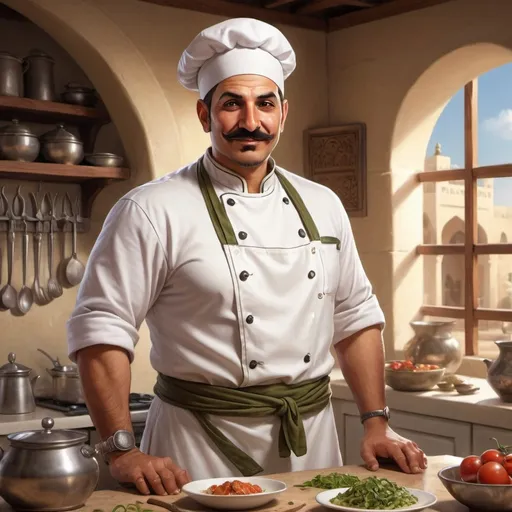 Prompt: Full body, Fantasy illustration of a male arab chef, 40 years old, olive skin, chubby, short hair, fancy moustache, white apron, joyfull expression, high quality, rpg-fantasy, detailed, in a Arabian style kitchen 