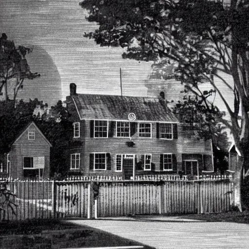 Prompt: The Amityville Horror dutch colonial house in the dark with a bolt of thunder