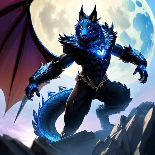 Prompt: Full-body detailed masterpiece, fantasy, high-res, quality upscaled image, perfect composition, subject of this image is a hot male bipedal dragon , black fur, busty body, 18k composition, 16k, 2D image, cell shaded, thin torso, blue moonlight background, using a fox as the base body, dragon head, d&d dragonborn, dragon, long thin tail, 4 limbs