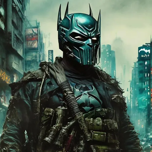 Prompt: Oily, olive and dark turquoise. Imperfect, Gritty, Todd McFarlane style futuristic army-trained villain batman punisher spawn. full face mask. Bloody. Hurt. Damaged. Accurate. realistic. evil eyes. Slow exposure. Detailed. Dirty. Dark and gritty. Post-apocalyptic Neo Tokyo .Futuristic. Shadows. Sinister. Armed. Fanatic. Intense. 