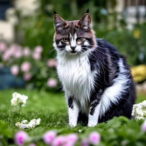 Prompt: A feral cat with black and white on her, baby, fluffy, realistic, full body, in a garden cute and paws
