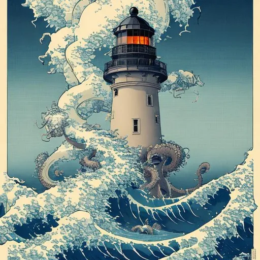 Prompt: light blue paper::3 tarot card::2 lighthouse on a rock::3 Kraken::3 by Hokusai and James Gurney, trending on artstation::3 incredible black and blue ink illustration::4 —ar 9:21