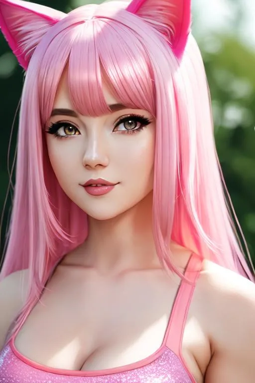 Prompt: Lady, Fit body, white skin, pale skin, petite woman, pink hair, long pink hair, pink cat ears, cat ears, cat girl, high quality, 4k, 8k, high resolution,