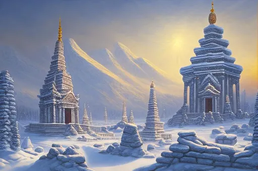 Prompt: temple, winter landscape, Hyperborea, by Vsevolod Ivanov,
