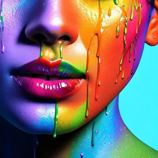 Prompt: female face dripping  paint in rainbow colors, facial closeup