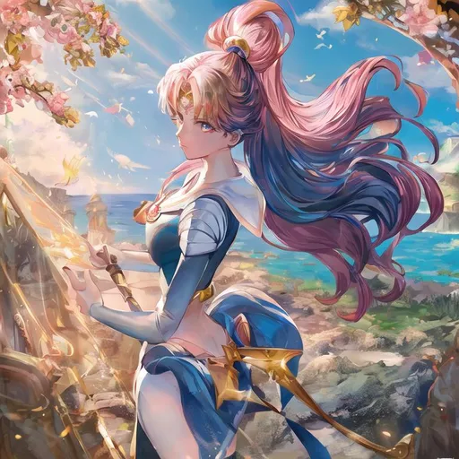 Prompt: 1 sailor moon, masterpiece long shot vast scenic of highly contrast water color pastel mix ultra realistic beautiful girl in highly detailed mithril armor with highly detailed face standing in dungeon valley, flying fluffy hair, looking from below, sharp focus, digital painting, windy, sunshine, at high noon, sunlight, blue sky, heroic fantasy art, pastel mix art, digital painting, digital art, clean art, professional, vivid color, contrast color, colorful, rich deep color, studio lighting, deliberate, concept art, contrast light, back light, hyper detailed, super detailed, CGI winning award, hyper realistic, ultra realistic, UHD, HDR, 64K, RPG, inspired by wlop, inspired by kentaro miura, inspired by makoto shinkai, (((sharp focus))), UHD render, very detailed japanese art