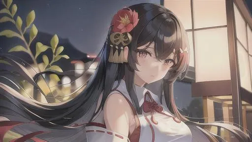 Prompt: straight hair,breasts，straight hair,breasts,japanese_clothes,hair_flower,hair_ornament,miko，(masterpiece, illustration, best quality:1.2)，beautiful detailed eyes, beautiful detailed shading, beautifully detailed background