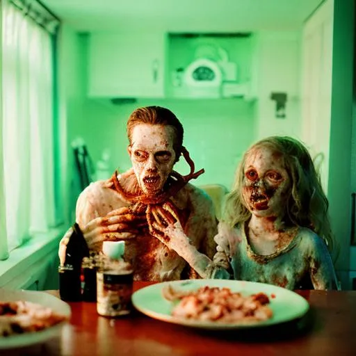 Prompt: Zombie family having dinner eating meat