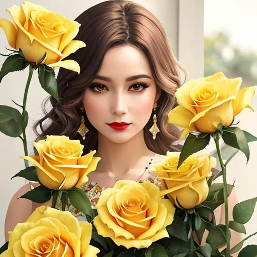 Prompt: Painted lady with yellow roses