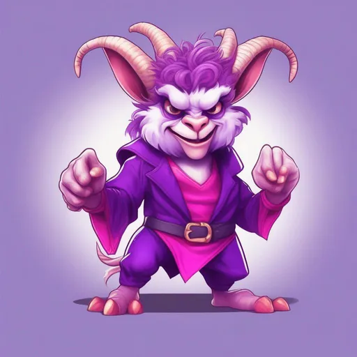 Prompt: Gremlin, violet and white with a crazy curly mane of purple-pink, goat-like horns and hoofs, purple fighting clothes, best quality, masterpiece, in cartoon style