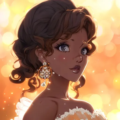 Prompt: Anime, Queen, Brown Eyes, Brown Skin, Apricot Ball Gown, diamond earrings, 4k, HD, High quality, Effects