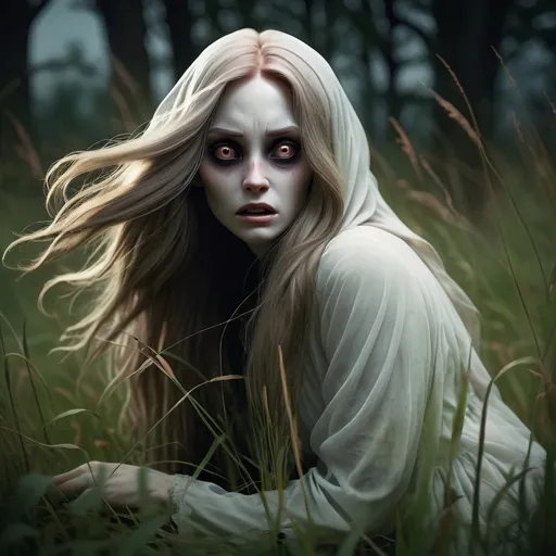 Prompt: Pale-skinned ghost woman with long hair, hiding haunting in the grass, eerie atmosphere, high resolution, haunting, dark tones, atmospheric lighting