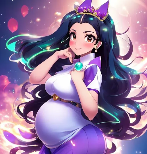 Prompt: A tall pregnant woman with purple hair, red eyes, dog ears, a dog tail, big pregnant belly, full body view, beautiful figure, a large bejeweled crown that fits her head  in the style of the anime My Hero Academia