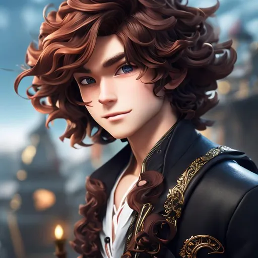 anime, fantasy medieval, boy, curly, chestnut brown hair, blue