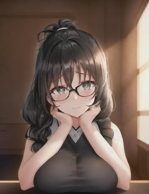 Prompt: mature girl, Black ponytail hair, dark green pupils, pure white sleeveless with oversized black Rimmed glasses, Very Detail, masterpiece. portrait, crying face. taking off the cloths, showing the short dark green skirt 