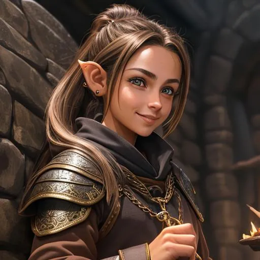 Prompt: oil painting, D&D fantasy, (23 years old) lightly tanned-skinned hobbit girl, (tiny petite body), beautiful face, mischievous grin, long ponytail light brown with highlights hair, short small pointed ears, mischievous grin looking at the viewer, wearing adventurer's chain mail with a dark brown cloak and casting a holy elemental spell #3238, UHD, hd , 8k eyes, detailed face, big anime dreamy eyes, 8k eyes, intricate details, insanely detailed, masterpiece, cinematic lighting, 8k, complementary colors, golden ratio, octane render, volumetric lighting, unreal 5, artwork, concept art, cover, top model, light on hair colorful glamourous hyperdetailed medieval city background, intricate hyperdetailed breathtaking colorful glamorous scenic view landscape, ultra-fine details, hyper-focused, deep colors, dramatic lighting, ambient lighting god rays, flowers, garden | by sakimi chan, artgerm, wlop, pixiv, tumblr, instagram, deviantart