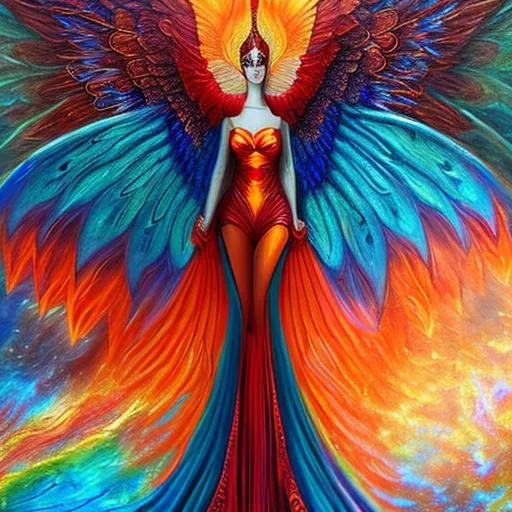 Prompt: Digital art, epic perspective, oil painting of a magical, powerful red and orange phoenix rising with teal blue on just the wingtips, fire phoenix , orange semi transparent, with huge powerful wings. award winning, epic, beautiful, powerful, magical, fantasy hyper detailed painting with oversized wings flying above a woman warrior kneeling in the dirt in a large open field. 8k resolution, highest resolution, very colorful and realistic digital art