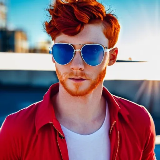 Prompt: male , sun glasses, red hair, blue eyes