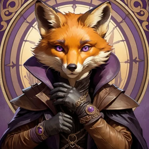 Prompt: Anthropomorphic fox rogue with black fur and purple eyes. daggers. Brown leather. shoulder pads. gloves. 