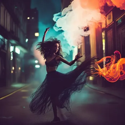 Prompt: woman dancing with crazy messy long hair, in the dark night city with glowing smoke. dark vibes with city lights and glowing smoke