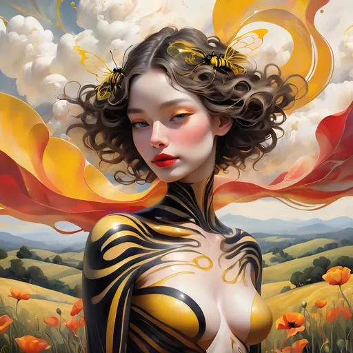 Prompt: Body  painting style A woman made of intricate, swirling yellow and black lines resembling a bee, with curves accentuated by delicate, golden ornamentation, and a bright, poppy-red lip color with yellow specks that adds a pop of vibrant contrast. She stands amidst a dreamy, ethereal landscape with soft, feathery clouds and rolling hills, a subtle, peachy glow emanating from the horizon. The atmosphere is filled with delicate, swooping brushstrokes reminiscent of John Singer Sargent's expressive Impressionism, intermingled with the fantastical, symbolic world-building of James Gurney's surreal landscapes, and the lush, botanical textures found in the art of Audra Auclair, digital artist. Her style is infused with the soft, abstracted environments of Ash Thorp's dreamlike futurescapes, bringing a sense of weightlessness to the scene, while maintaining a classical beauty within its ethereal forms.