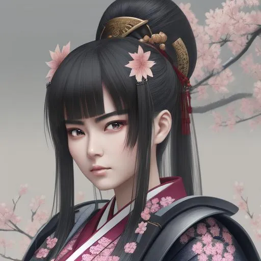 Prompt: beautiful samurai women, sakura tree autumn background realistic high resolution beautiful face symmetry straight looking eyes 