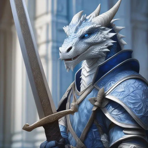 Prompt: A beautiful white and blue Dragonborn, scar on the right eye, with a sword, perfect composition, hyperrealistic, super detailed, 8k, high quality, trending art, trending on artstation, sharp focus, studio photo, intricate details, highly detailed, by Greg Rutkowski, illustration, watercolor