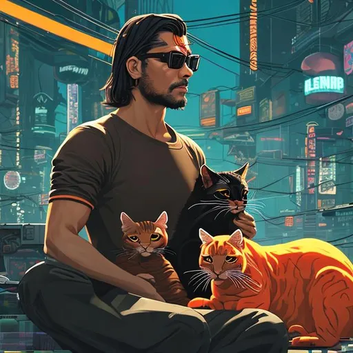 Prompt: A handsome lean light olive skin man with black glasses and light brown hair is meditating with one large orange cat and two small black cats on his lap, cyberpunk background 