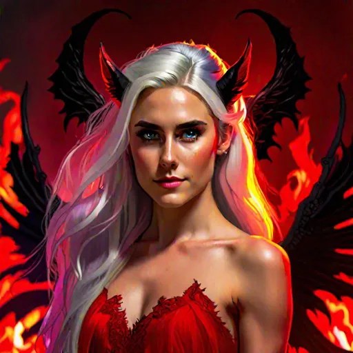 Prompt: Haley  as a demon horse hybrid (bright multi-color hair) (multi-color eyes) wearing a red wedding dress (demon tail) (black demon wings) standing at the altar in hell