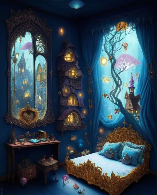 Prompt: A magical sparkling bedroom that makes your dreams true when you sleep. By Gediminas Pranckevicius, Philipp A. Urlich, Laura Hollingsworth, Jacek yerka, Ivan Bilibin, Catrin Welz-Stein. Whimsical, iridescent.