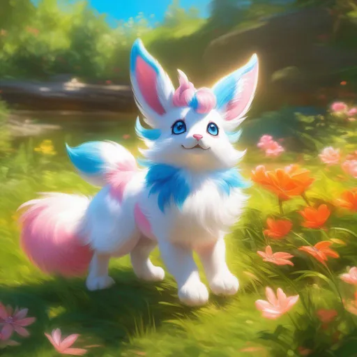 Prompt: super accurate (Sylveon), (canine quadruped), realistic, photograph, epic oil painting, (hyper real), furry, (hyper detailed), photorealism, extremely beautiful, (on back), sprawled, paws in the air, playful, UHD, studio lighting, best quality, professional, photorealism, masterpiece, ray tracing, 8k eyes, 8k, highly detailed, highly detailed fur, hyper realistic thick fur, (high quality fur), fluffy, fuzzy, full body shot, rear view, hyper detailed eyes, perfect composition, realistic fur, fox nose, highly detailed mouth, realism, ray tracing, soft lighting, studio lighting, masterpiece, trending, instagram, artstation, deviantart, best art, best photograph, unreal engine, high octane, cute, adorable smile, lazy, peaceful, (highly detailed background), vivid, vibrant, intricate facial detail, incredibly sharp detailed eyes, incredibly realistic fur, concept art, anne stokes, yuino chiri, character reveal, extremely detailed fur, sapphire sky, complementary colors, golden ratio, rich shading, vivid colors, high saturation colors, nintendo, pokemon, silver light beams