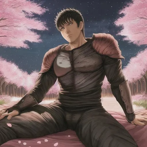 Prompt: Guts from berserk relaxing underneath the moonlight surrounded by cherry blossom trees 