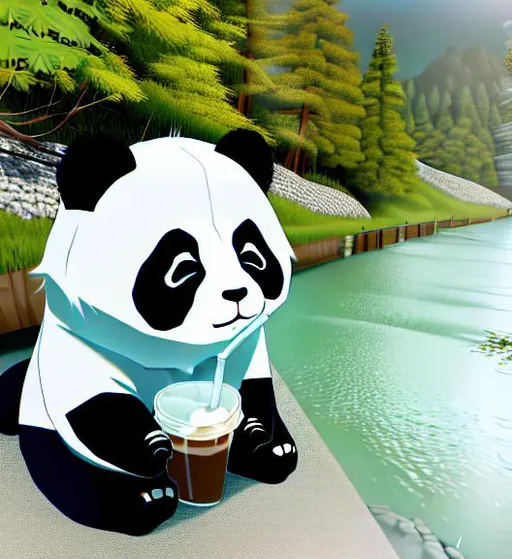 Prompt: A Panda sitting next to a river and drinking an ice coffee