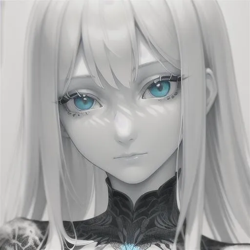 Prompt: (masterpiece, digital painting, monochrome, illustration, best quality:1.2), (face close-up), solid black background, lady, solo, expressionless, calm demeanor, pale skin, condensation on skin, symmetrical eyelashes, blue detailed eyes, beautiful detailed irises, detailed eyelashes blue eyes, looking away from viewer, light gray hair, medium layered hairstyle, thick lips, finger on lip, large eyes, side fringes, hair between eyes, bare shoulders, mage robe,  pauldrons, frosted skin, frosted clothing, icicles  (soft lighting, ambient lighting, dark color palette, film grain, raytracing grain, detailed eyelashes, detailed frosting, detailed eyes)
