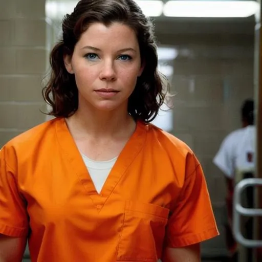 Prompt: Young Evangeline lilly in prison wearing orange scrubs prison uniform