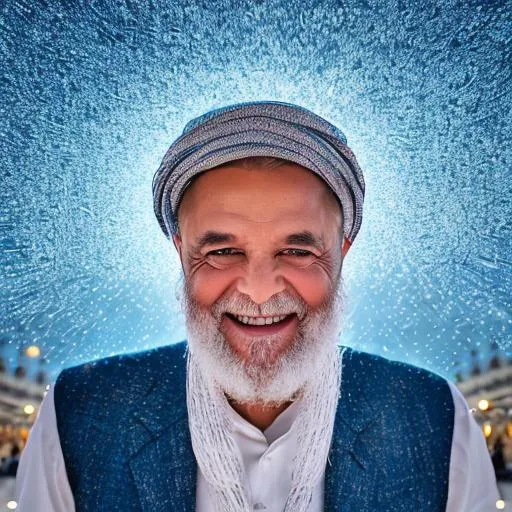 Prompt: Gorgeous man, happy expression, good weather in Kaaba, laughing, HDR, 8K, Detail.